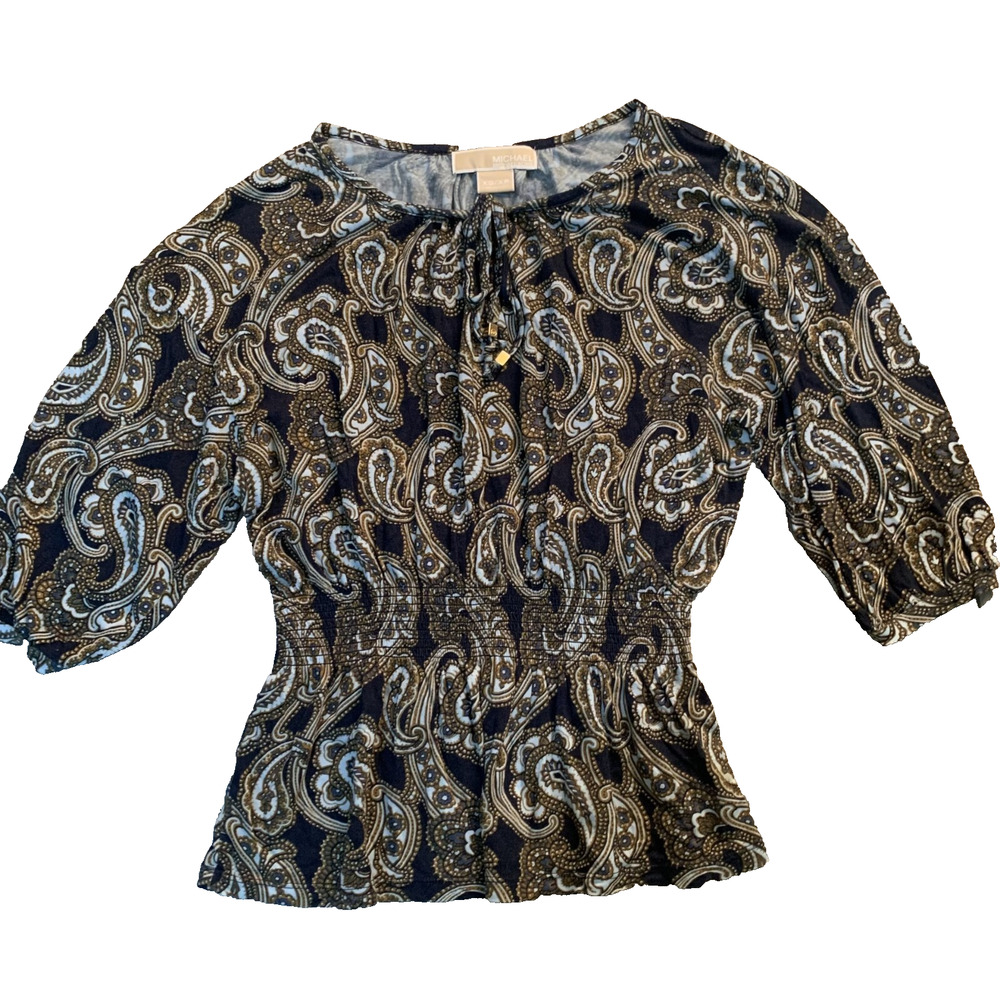 MICHAEL KORS WOMEN'S BLACK/BLUE/GREEN 3/4 SLEEVE PAISLEY PRINT PEPLUM TOP XS-EUC